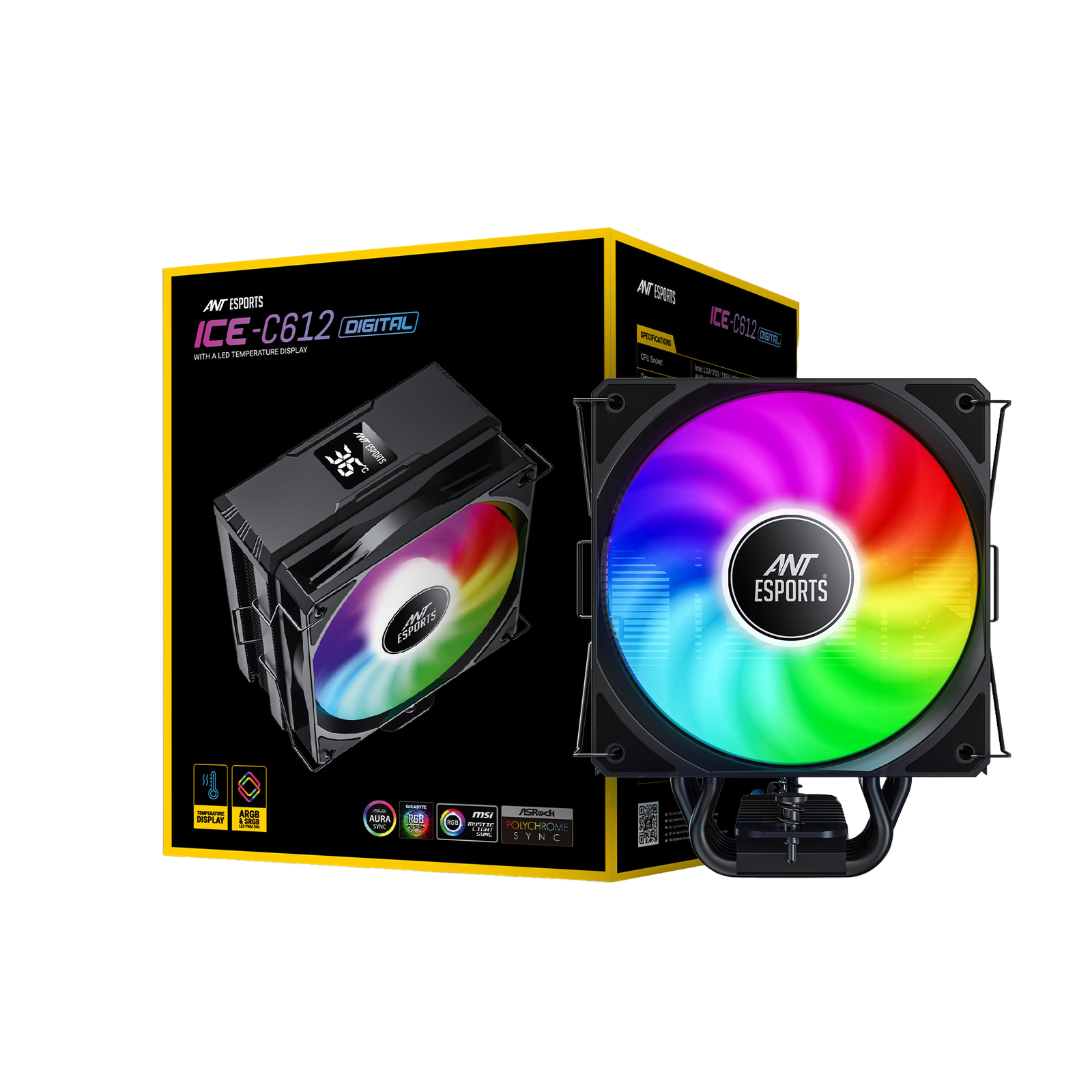 Ant Esports ICE-C612 Digital ARGB with Temp Display Air Cooler (Black)